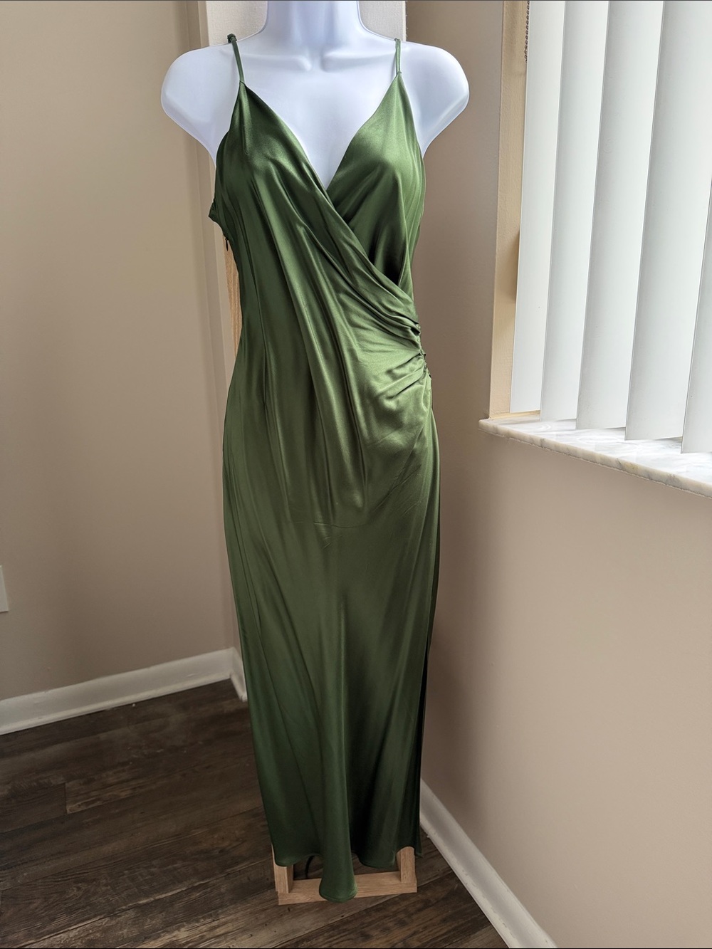 Zara Satin Olive Green Draped Midi Slip Dress
